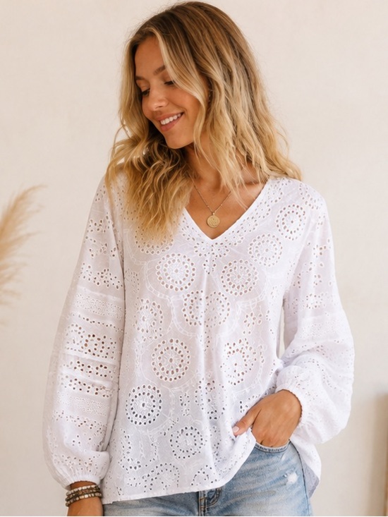 Tolani Tops - Tolani Boho Chic White Eyelet V-Neck Peasant Blouse